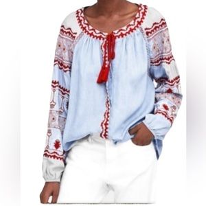 𝅺Zara TRF Embroidered, balloon sleeve Blue Blouse - Size S